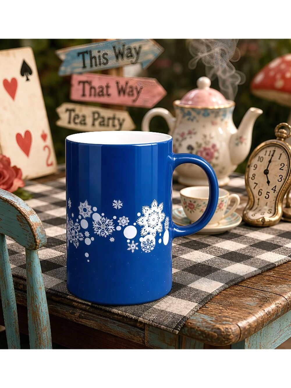 caribou coffee collectible mug, blue snowflake coffee mug, tall ceramic